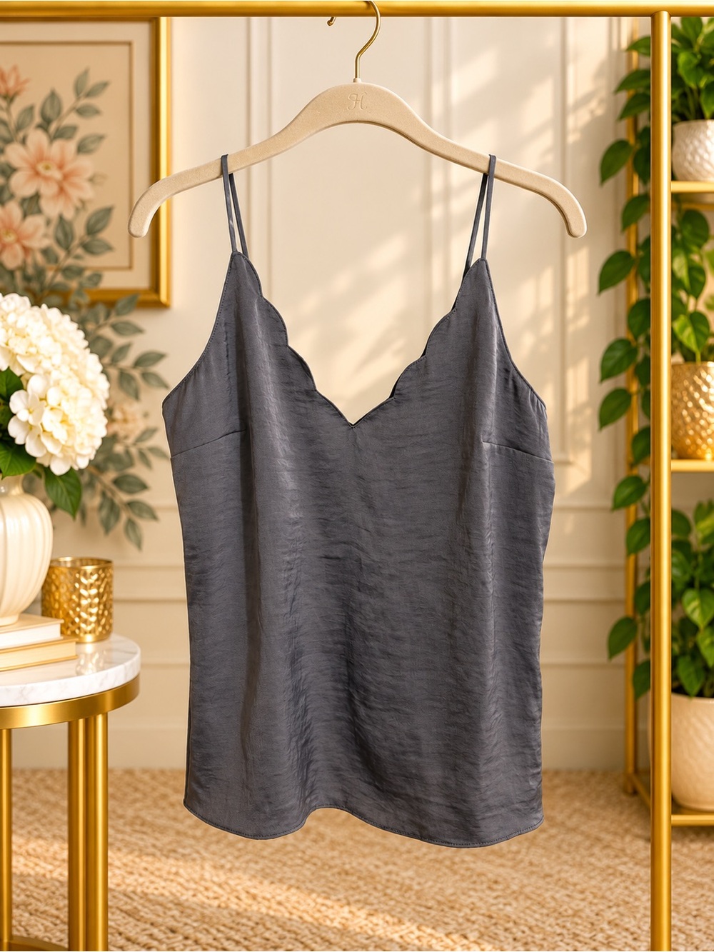Topshop Gray Satin Scalloped V-Neck Cami Tank Top US 2 UK 6